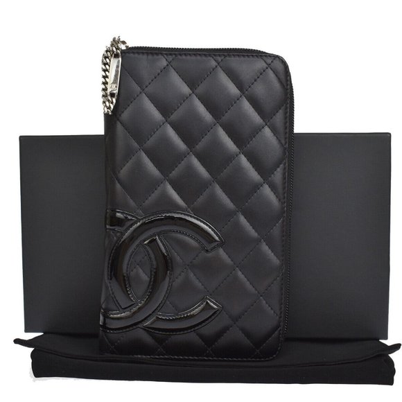 CHANEL CC Logo Cambon Long Bifold Wallet Leather Black Pink Italy - Picture 1 of 16